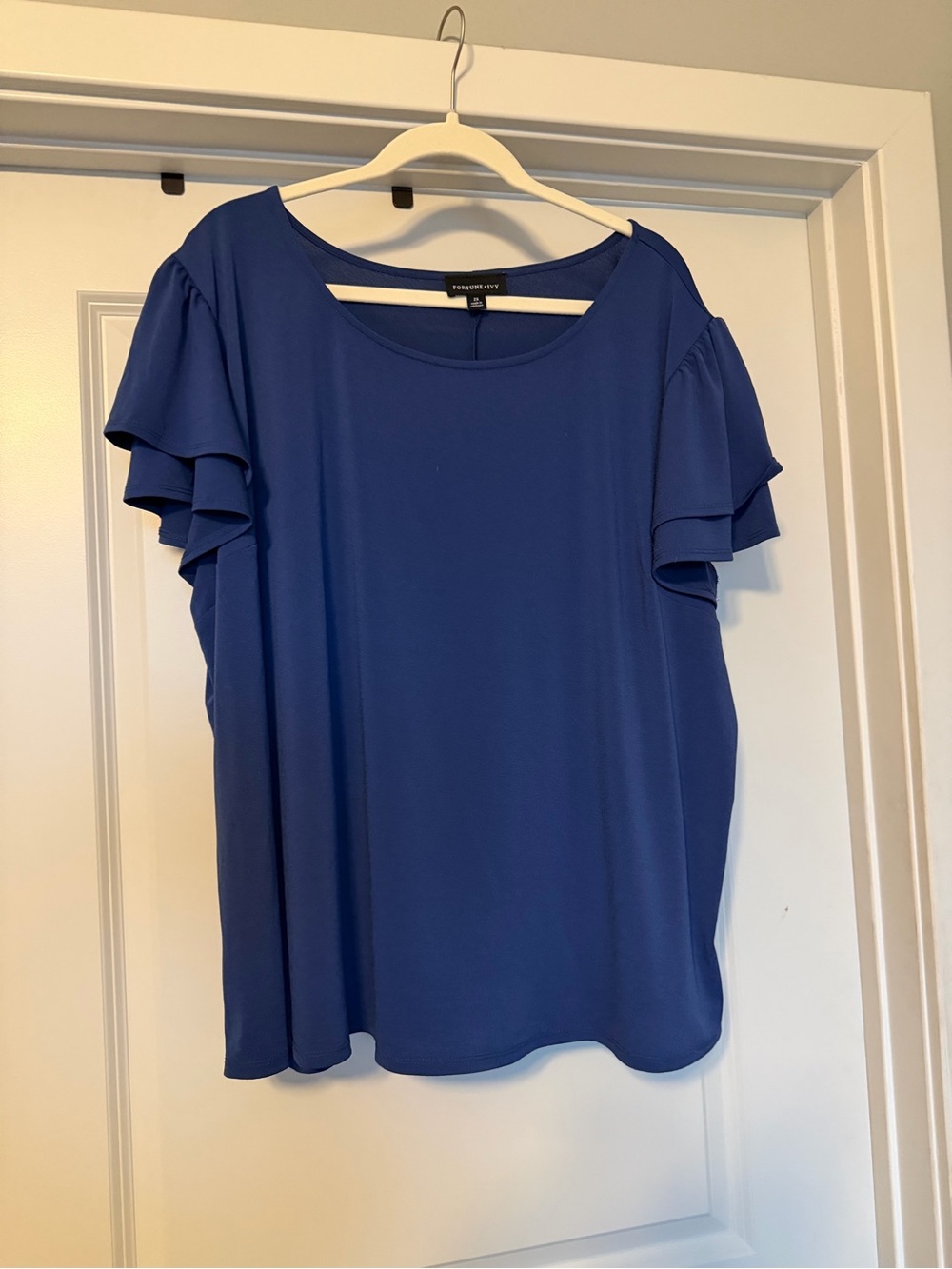 Fortune + Ivy 2X Blue Flutter Sleeve Blouse | Stretch Knit Top
